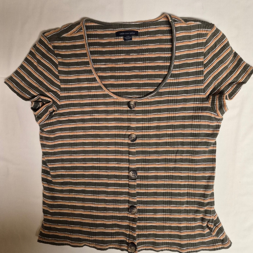 American Eagle Striped Ribbed Button Front Scoop Neck Short Sleeve Top Large